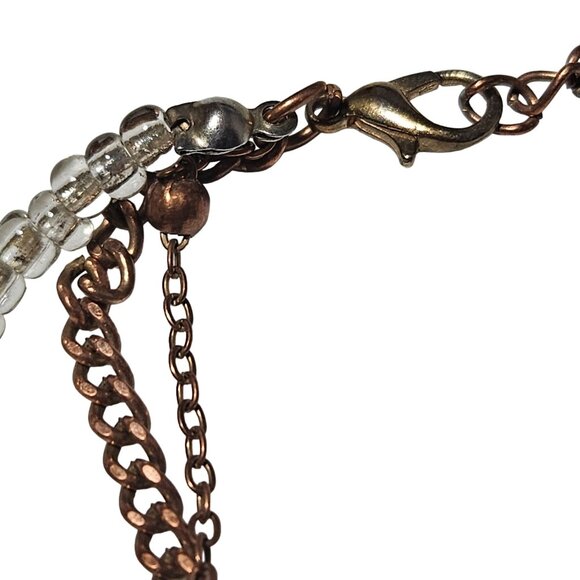 Cross Multi Strand Charn Bracelet Pink Flower Clear Beads Bronze Chain Religion - Picture 3 of 4